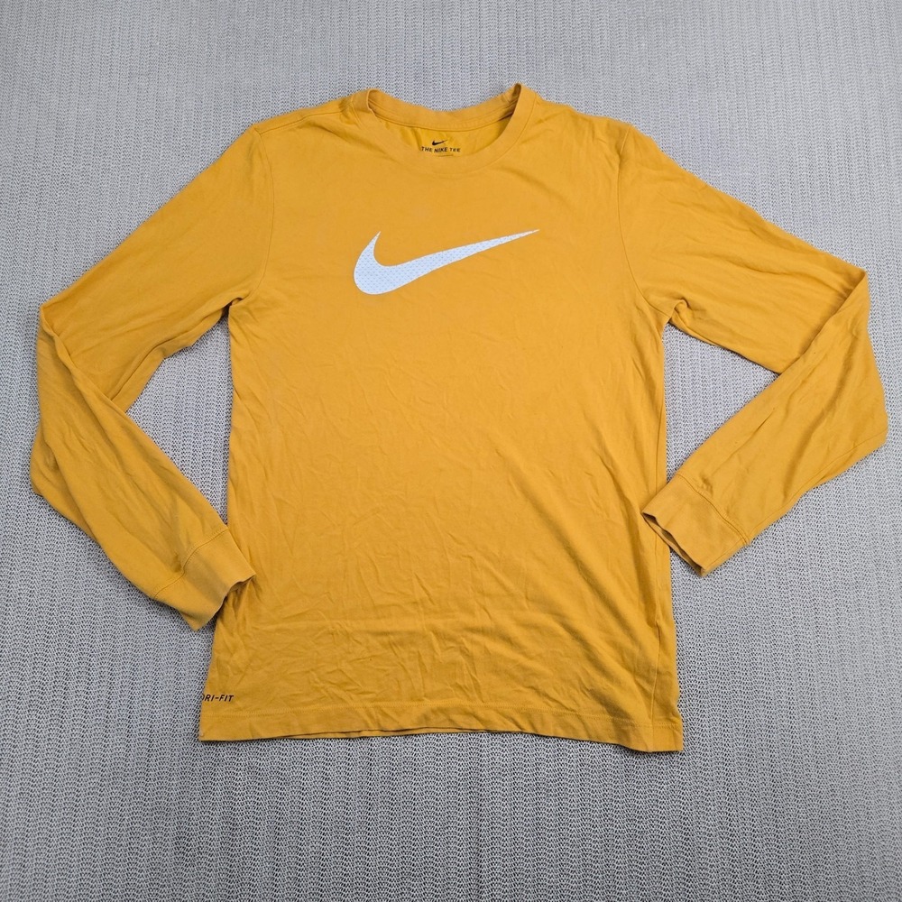 Nike Shirt Mens Small Yellow Long Sleeve Swoosh Logo Crew Neck Graphic Tee